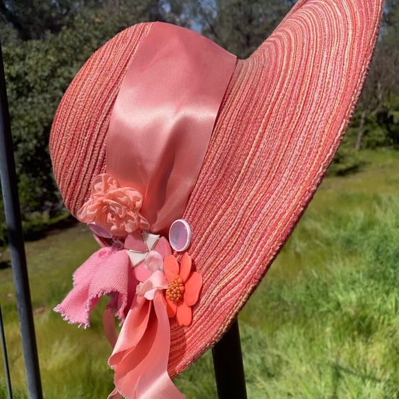 Artisan Accessories - Kreativekristen upcycled Pink wide brim straw Hat with Floral Accents,HP25